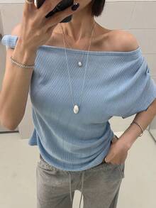 DAZY Solid Color Asymmetrical Shoulder Casual Sexy Summer T-Shirt For Women Vacation Golf Pastal School - Blue - View 4