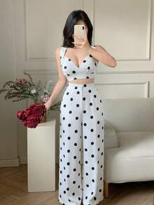 Celisse Black & White Polka Dot V-Neck Camisole Top And Wide Leg Pants 2-Piece Set, Cinched Waist Slimming Sexy Chic Outfit For Commuting, Outing, Vacation - Black and White - View 3