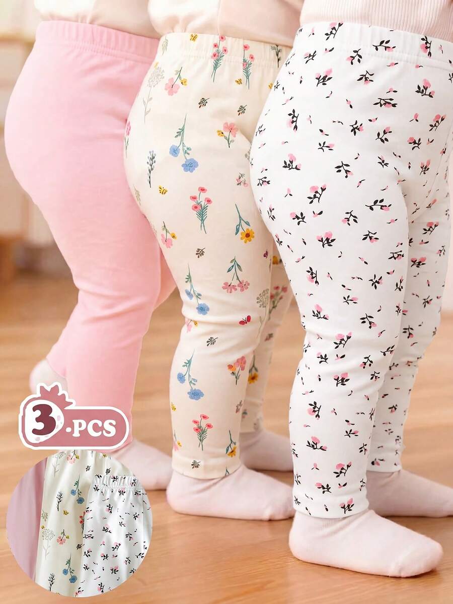 SHEIN Vintaside Kids 3件套女婴百搭休闲多功能彩色碎花波点打底裤/长裤/紧身裤/婴儿裤套装/女童打底裤,适合春、夏、秋、冬四季穿着 - 彩色 - 查看 1