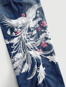 ROMWE MEN Quần jeans nam dáng suông, ống đứng, họa tiết phượng hoàng và hoa anh đào phong cách retro Y2K, kiểu dáng đường phố, rách nhẹ. - Rửa tối - Xem 6