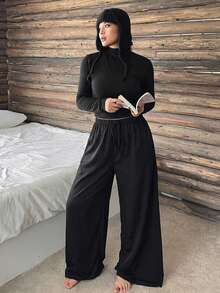 Dazy Plus Elastic Waist Loose Drawstring Straight Leg Sleepwear Bottoms, Plus Size Women Solid Color Pajamas - Black - View 6