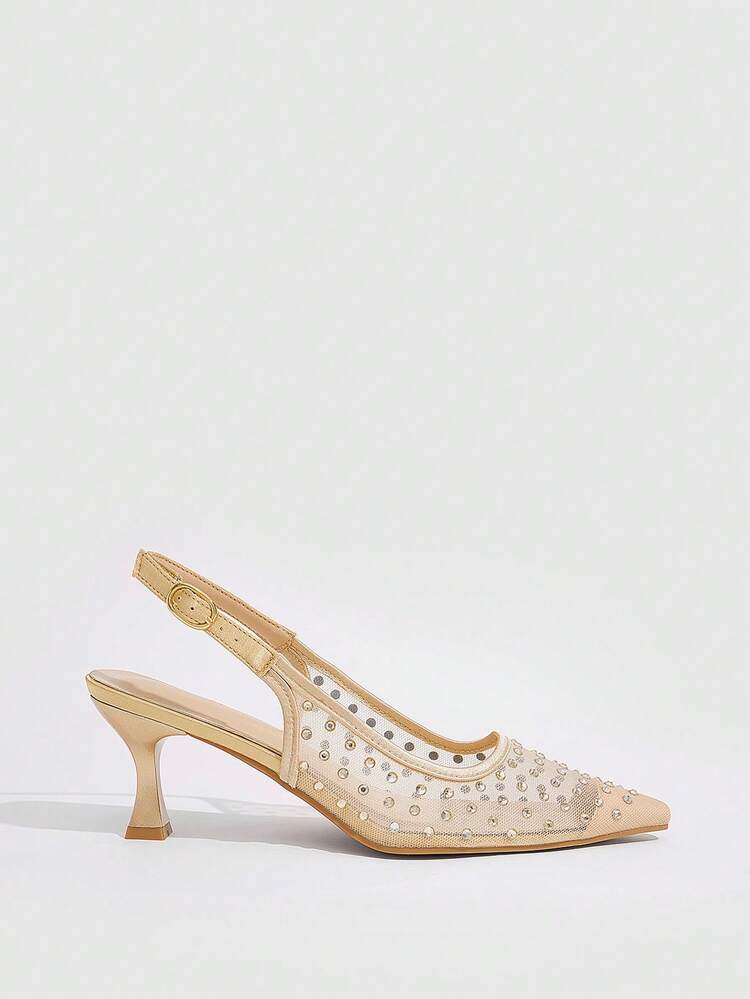 CUCCOO SZL Women's Fashion Pointed Mesh Rhinestone Sparkling Celebrity Temperament Evening Party Party Style Buckle High Heels Women's Shoes