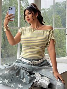 SHEIN EZwear Plus Size Women Striped Asymmetrical Shoulder T-Shirt - Multicolor - View 1