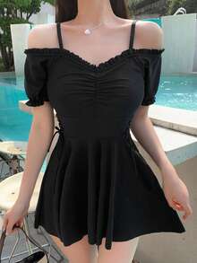 DAZY Solid Frill Trim One Piece Swimsuit Summer,Beach Women Outfits Vacation - Black - View 3