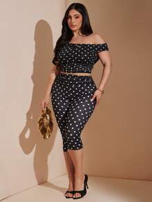 SHEIN BAE CURVE Plus Size Women's Black And White Asymmetrical Shoulder Top And Pencil Skirt Elegant Sexy Set Party Summer - Black and White - View 5