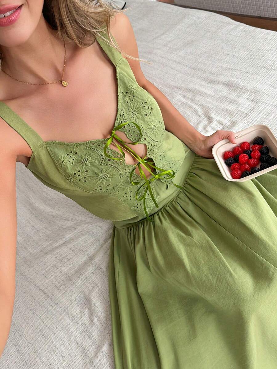 Livesso 女士夏季撞色拼接系带上衣和迷你裙睡衣套装 - 綠色 - 查看 1