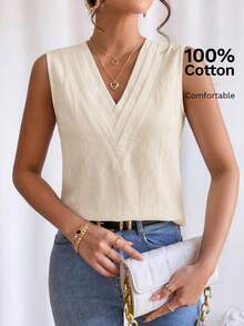 EMERY ROSE Women's Solid Color V-Neck Sleeveless Comfortable Casual Minimalist Shirt, Summer,Summer Top - Apricot - View 5