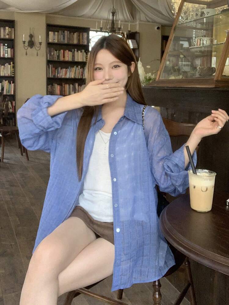 Women's Plaid Long Sleeve Shirt, Korean Style, Spring/Summer