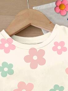 2pcs Baby Girls' Casual Floral Print T-Shirt And Shorts Set, Comfortable For Everyday Wear, Suitable For Summer - Multicolor - View 3