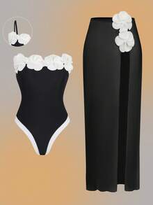 Swim Oasis 时尚高端优雅连体印花泳衣，搭配同款沙滩罩衫，适合春夏海滩度假 - 黑色 - 查看 5