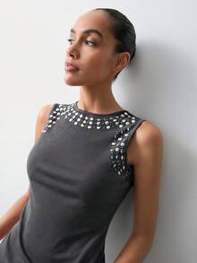 Maija 2025 Fitted Ribbed Metallic Foil Design Women Tank Top, Suitable For Valentine's Day Party - Dark Grey - View 10