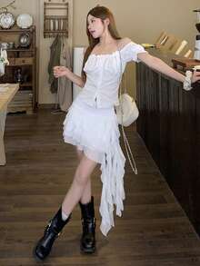 DAZY Women's Solid Color Ruffle Hem Casual Versatile Date Night Mini Skirt Summer - White - View 4