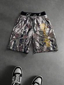 Manfinity EMRG 男士高腰楓葉印花刺繡口袋時尚嘻哈短褲 - 彩色 - 查看 6