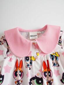 THE POWERPUFF GIRLS X SHEIN Barboteuse à manches courtes mignonne avec imprimé étoiles pour bébé fille - Rose pâle - Voir 3