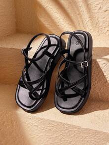 HighSole Women's Spring And Summer New Multi-Belt Cross Back Buckle Design Open Platform Simple Versatile Style Black Sandals Daily Commuting Shopping Wear - Black - View 1