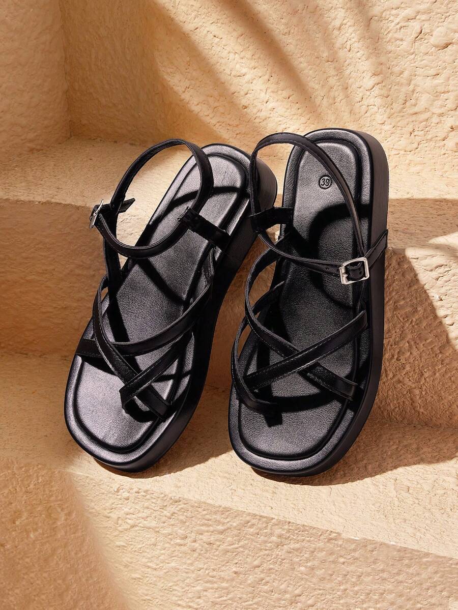 HighSole 女士鞋履春夏新款多带交叉后扣设计露跟厚底简约百搭凉鞋日常通勤购物装 - 黑色 - 查看 1