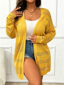 Elenzga Plus Size Solid Color Hollow Out Long Sleeve Casual Knit Cardigan - Yellow - View 6