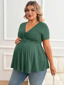 Plussiva 孕妇加大码纯色V领短袖系带休闲透气上衣 - 綠色 - 查看 4