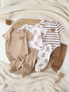 SHEIN Playful Pals 6件/3套新生儿短袖连体衣裤套装，柔软针织面料，可爱小熊图案 - 彩色 - 查看 3
