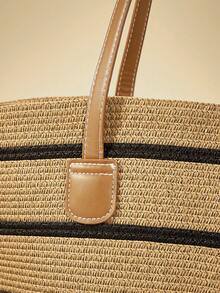 Travachic 1 Straw Hat + 1 Straw Bag, Vacation Casual - Khaki Wide Stripe - View 3