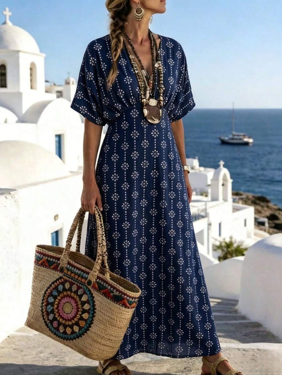SHEIN Holidaya 印花V领休闲度假短袖连衣裙 - 藍色 - 查看 1