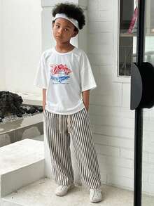 Hapijoa Plus Size Boys' Summer Striped Loose Wide-Leg Pants - Black and White - View 5