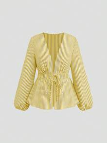 Sweetra Blusa casual de talla grande para mujer con mangas farol, cintura ceñida y lazo delantero a rayas - Amarillo - Ver 1