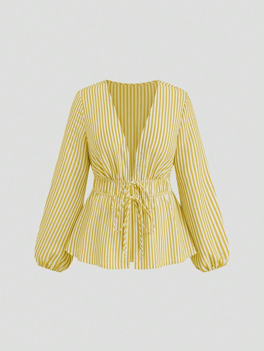 Sweetra Blusa casual de talla grande para mujer con mangas farol, cintura ceñida y lazo delantero a rayas - Amarillo - Ver 1