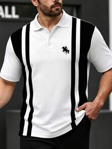 Manfinity Homme 加大码男士黑白竖条纹Polo衫，轻薄夏季商务休闲条纹Polo衫，男士撞色条纹短袖高尔夫Polo衫，男士夏季小马刺绣领短袖Polo衫 - 彩色 - 查看 4