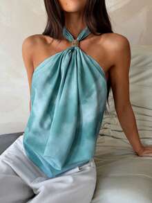 Aloruh Women's Backless Halter Top,Dusty Blue Chic Metal Decorative Buckle Shoulder Top,Summer Autumn Vacation New Year's Eve Summer Halter Neck Top - Multicolor - View 5