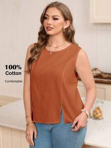 Rosumi Plus Size Women's Casual  Round Neck Sleeveless Short Shirt Blouse, Comfortable Button Front Split Design, Summer Vacation,Orange - Rust Brown - View 1