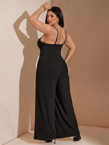 SHEIN BAE CURVE 加大码黑色吊带连体裤 - 黑色 - 查看 3