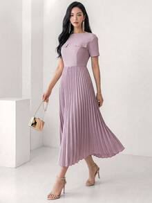 Heiryn Vestido Plissado Elegante de Cor Sólida de Comprimento Médio, Verão - Rosa Bebê - Visão 5