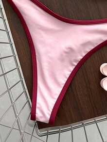 Swim Mod Spring/Summer Solid Color Triangle Wireless Halter Backless Top And Swim Shorts Women Sexy Bikini Set For Beach Vacation - Pink - View 6