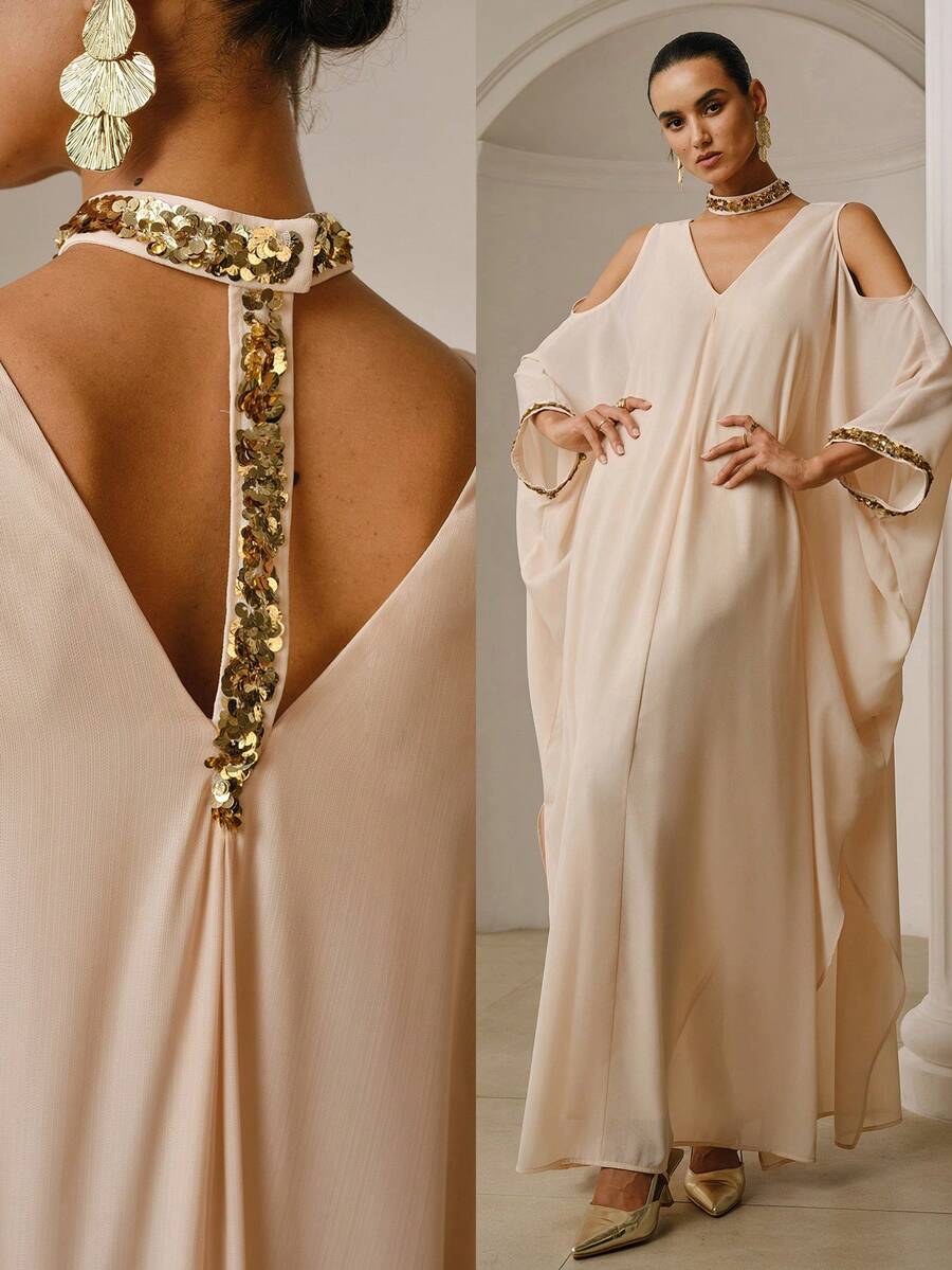 ZEYLAH V-NECK SEQUINS EMBELLISHED LONG DRESS Wedding Dinner Holiday Orange Pink Summer Elegant - Blush Crush - View 1