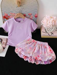 Genkimix Kids 2026 Neues Mädchen Sommer 2-teiliges Set, rosa Schleife Kurzarm T-Shirt & Blumen Shorts - Violett - Übersicht 2