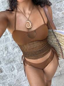 Swim Basics Conjunto de tankini con bandeau desmontable - Café integral - Ver 5