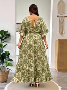 Vionelle 大码女式深V领印花褶皱休闲派对连衣裙 - 綠色 - View 2