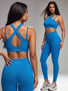 Innovista Abnehmbare gepolsterte verstellbare Träger Sexy Rücken Ausschnitt Yoga Anzug, Po-hebende gerüschte Ausschnitt Leggings Frauen Sport Set - Blau - Übersicht 6