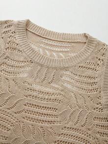 SHEIN Franclia Áo hè mới, trang phục đi nghỉ hè, trang phục đi biển cho nữ, Áo dệt kim không tay màu hồng phấn nhạt cho nữ - Cổ tròn, họa tiết lá tinh tế, viền gân, nét quyến rũ nữ tính ven biển và phong cách giản dị cổ điển. - Lạc đà - Xem 4