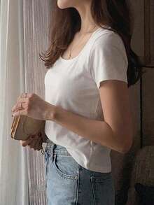 DAZY Women's Round Neck Solid Color Basic White Short Sleeve T-Shirt, Spring/Summer - White - View 4