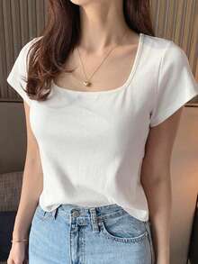 DAZY Women's Round Neck Solid Color Basic White Short Sleeve T-Shirt, Spring/Summer - White - View 8
