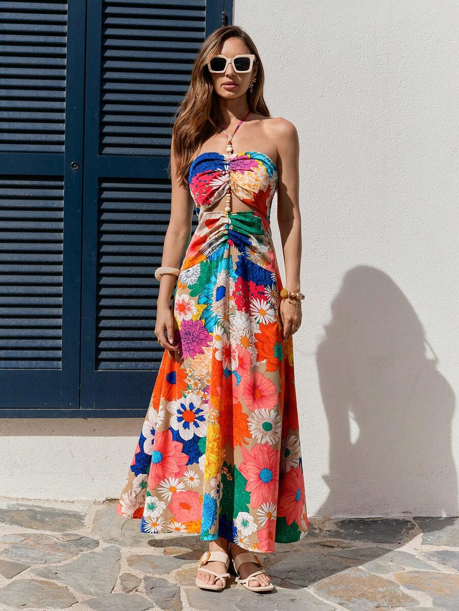 Vivid Eden Vestido de gasa con estampado para primavera y verano con cuello de halter para mujeres - Multicolor - Ver 1