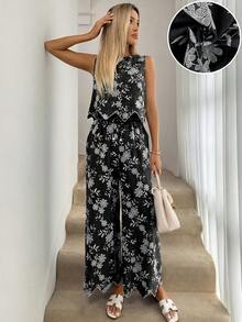 SHEIN LUNE 女款黑白花卉印花無袖短版上衣與寬腿褲套裝，波浪不對稱下擺，夏季休閒性感優雅度假風 - 黑色 - 查看 4