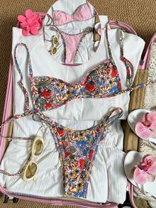 Swim Mod 2Pcs Swimsuit Set,Beige Summer Boho Beach Vacation Holiday Holiday Random Floral Print Halter Bikini Top And Side Tie Bikini Bottom Swimwear - Multicolor - View 4