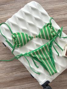 Swim SXY 女士蓝白条纹提花面料细肩带金属装饰比基尼套装，春夏款 - 彩色 - 查看 2