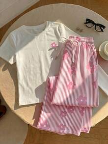 SHEIN EZwear 两件套：刺绣圆领短袖上衣和条纹印花长裤，休闲款 - 粉色 - 查看 5