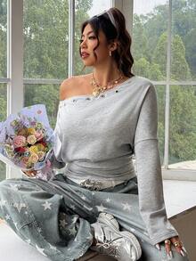 SHEIN EZwear Plus Size Women's Solid Color Oblique Shoulder Ruched Casual 90s Pullover Sweatshirt, Versatile For Daily Wear Holiday Green Autumn - Light Grey - View 2