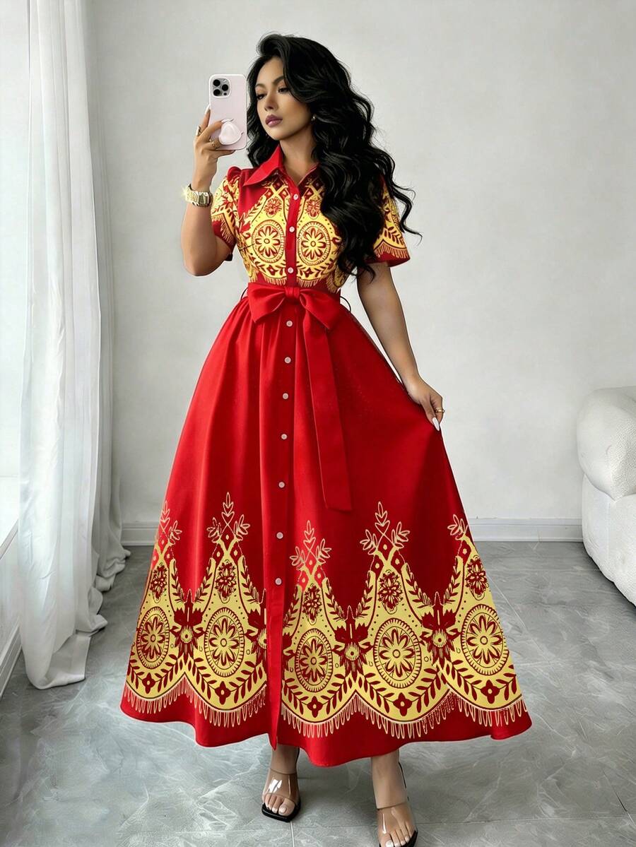 Elenzga Women's Color Block Twist Ruched Waist Elegant Dress For Party - Red - View 1