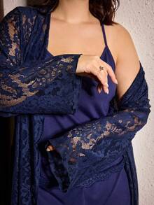Slumberist New Lace Hollow Out Sexy Loose Long Sleeve Robe With Tie, Camisole And Shorts 3-Piece Sleepwear Set, Plus Size - Navy Blue - View 4